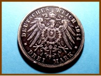 Германия 3 марки. Пруссия 1914А г. Серебро