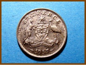 Австралия 6 пенсов 1957 г. Серебро
