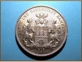 Германия 3 марки Гамбург 1909 г. Серебро