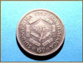 Южная Африка ЮАР 6 пенсов 1957 г. Серебро