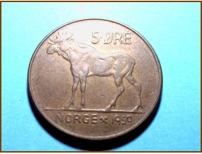 Монета Норвегия 5 эре 1959 г.