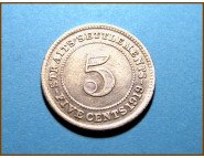 Стрейтс-Сетлментс 5 центов 1919 г. Серебро